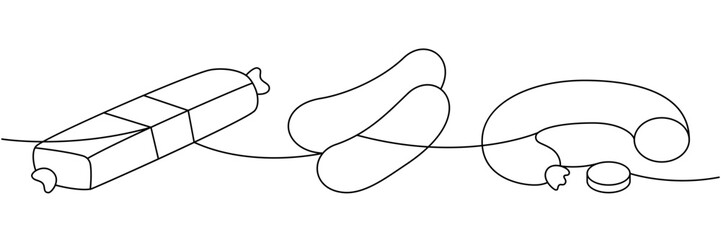 Salami sausage, fat sausages, chorizo sausage one line continuous drawing. Meat products. Vector illustration.