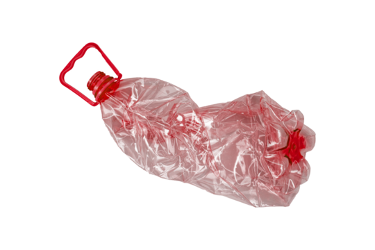 Red crushed plastic bottle with handle is isolated - Powered by Adobe