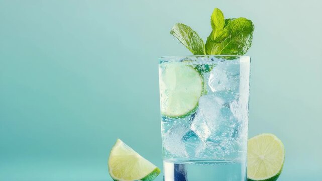 Refreshing drink with ice, lime slices, and mint leaves in glass on blue background