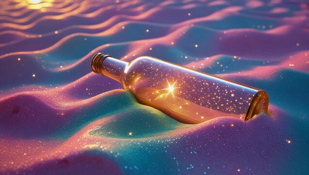 Magical glowing bottle half buried in sparkling sand, dreamlike mystery concept, abstract fantasy
