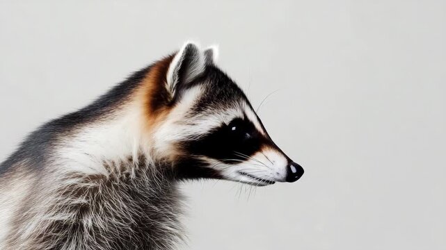 Curious raccoon with black and white fur stares forward