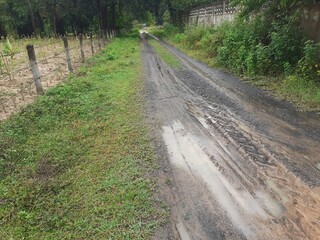 The dirt road turns into mud after the rain.