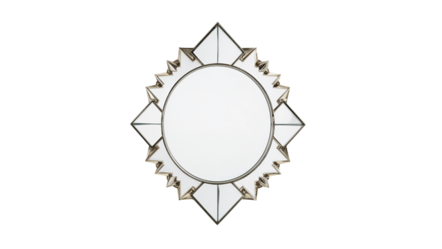 Elegant sunburst mirror with mirrored geometric accents and metallic frame, adding sparkle and sophistication to any room's decor.