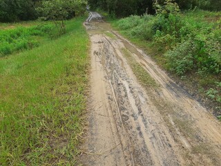 The dirt road turns into mud after the rain.