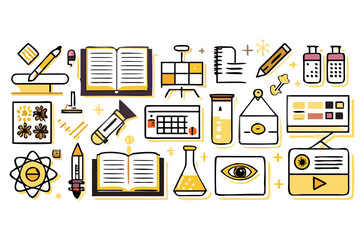 Illustration featuring science and education elements including books and lab equipment in yellow and black created with generated ai