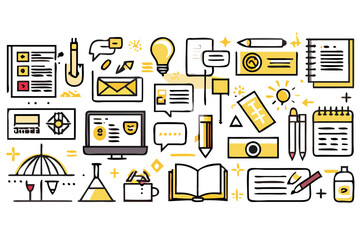 Illustration of various office and business related icons and symbols in black and yellow color scheme created with generated ai