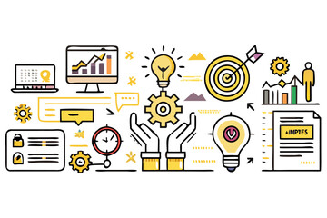 Illustration showing business growth with computer, target, hands, and lightbulbs in yellow and black created with generated ai