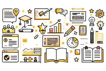 Illustration featuring a collection of business and education icons with a hand drawn doodle style design created with generated ai
