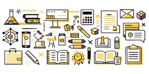 Illustration of various school and office supplies including books pens and a computer screen display created with generated ai