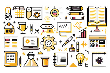 Illustration of various office and business related icons in a doodle style with yellow accents created with generated ai
