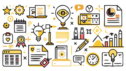 Illustration of business and planning icons including lightbulbs charts and documents on a white background created with generated ai