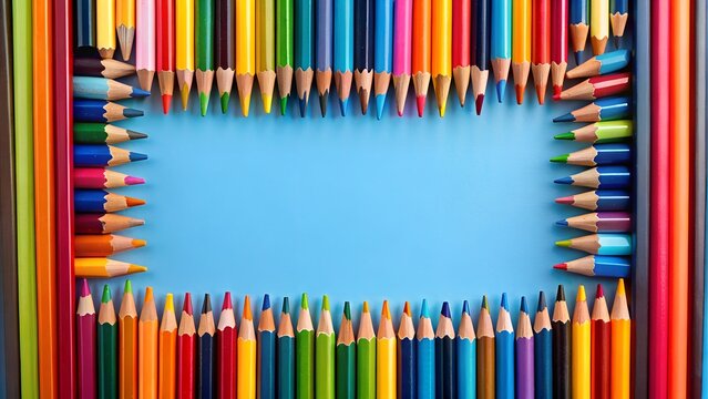 Pencils form a colorful frame on blue