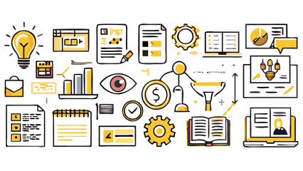 Illustration showcasing business elements, including a lightbulb, charts, and financial symbols icons created with generated ai