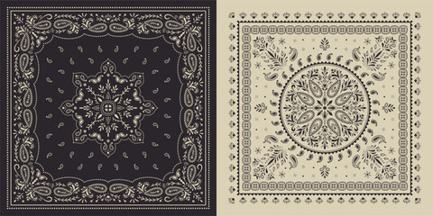 Set of  black and white Paisley prints bandanas.
