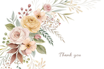A beautiful watercolor floral arrangement featuring soft pink and yellow roses with green leaves and delicate berries, with thank you text isolated on transparent background