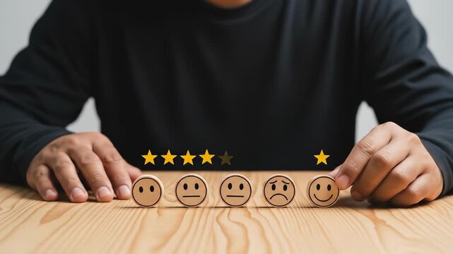 Customer Satisfaction Rating: Wooden Emoji Faces and Star Feedback System for Service Evaluation