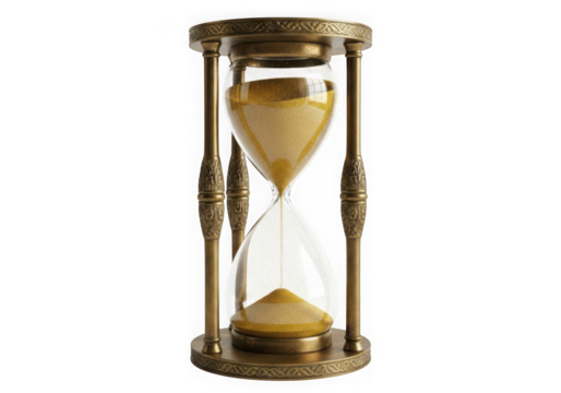 Golden sand flows through an antique hourglass isolated on transparent background