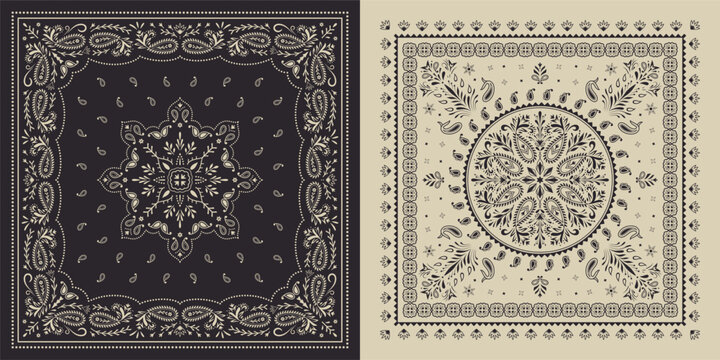 Set of  black and white Paisley prints bandanas.