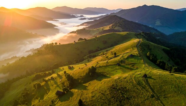 Sunrise over rolling green hills