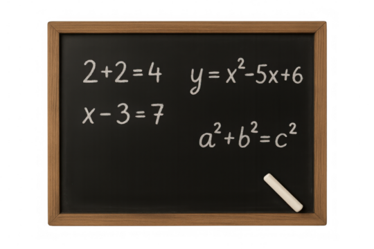 Blackboard with math formulas and chalk isolated on transparent background
