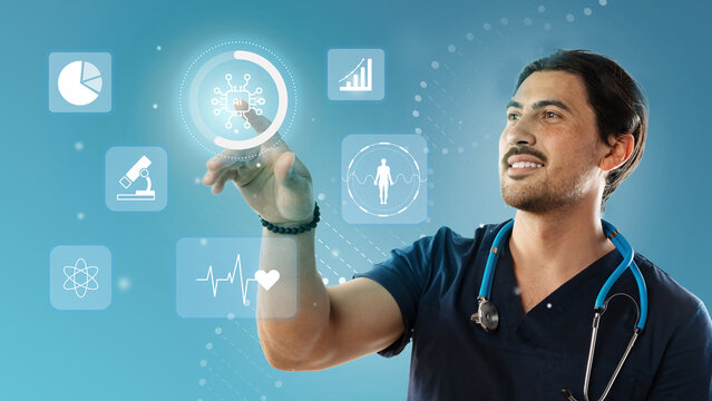 Healthcare professional interacting with digital technology in a modern medical environment