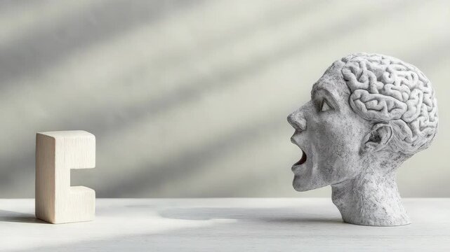 Abstract brain sculpture facing wooden block on white surface
