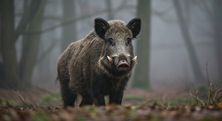 Wild boar in a misty forest