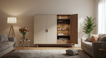 Elegant living room interior with a beige sideboard cabinet, cozy sofas, and warm lighting. A contemporary and minimalist home design concept.