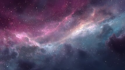 Fototapeta premium Wide angle realistic scene of nebula cloud deep space with vivid pinks purples and blues blending naturally millions of bright scattered stars cinematic cosmic glow and hyper realistic texture details