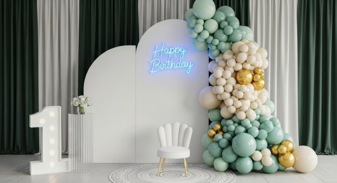 A festive birthday party setup with a balloon arch, number one, and neon sign
