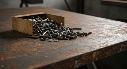 Assorted fasteners on rusty metal