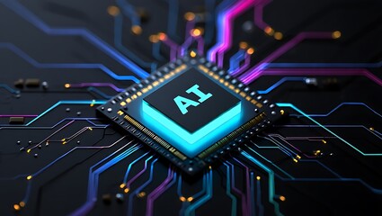 Advanced ai chip with glowing circuits and data streams