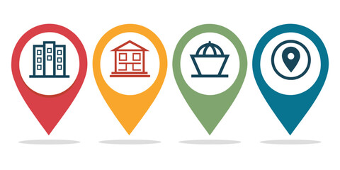 Location markers representing building types and navigation symbols  