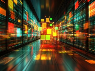 Abstract Digital Background with Glowing Squares and Data Streams Surrounding Server Room, Representing Big Tech Evolution and Global Network
