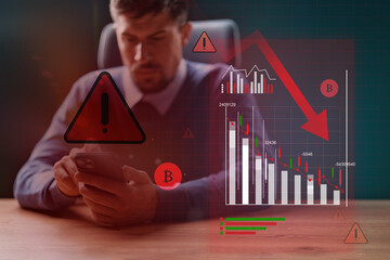 Financial analyst reviewing alarming cryptocurrency trends and market decline in modern office setting