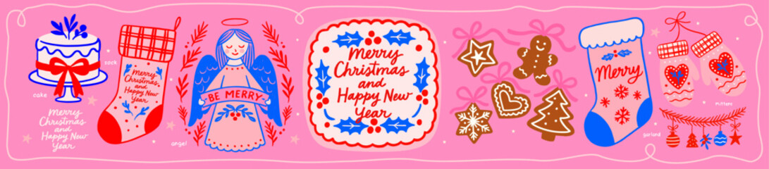 Merry Christmas and Happy New Year. Vector cute whimsical folk illustrations of sock, gingerbread, angel, holly, congratulations for greeting card and icons