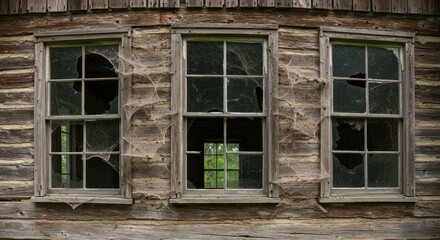 Broken windows on log cabin