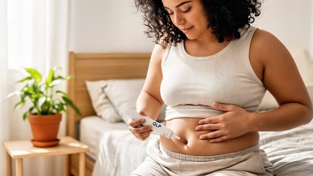 Young woman self-injects GLP-1 treatment into her belly using an injector pen labeled semaglutide for weight loss, surrounded by natural light and a cozy bedroom atmosphere