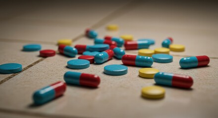 Scattered pills on a tiled floor