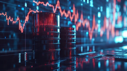 Barrels are positioned in front of a digital financial chart with red lines. Concept of oil market dynamics. For financial analysis visuals and reports.