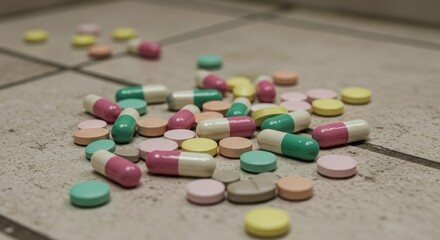 Scattered pills on tiled floor