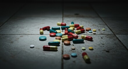 Scattered pills on a dirty floor