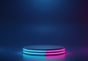 Glowing Neon Podium with Blue and Pink Halves on Dark Blue Background - Modern Presentation Stage