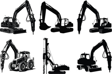 Excavator Silhouette Bundle - Heavy Machinery, Digger & Construction Equipment Vector Illustration. Construction Excavator, Heavy Equipment, Building Machine, Bulldozers, Backhoes.
