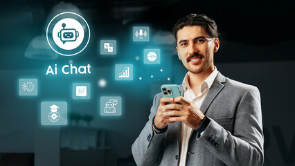 Professional man engages with AI chatbot in a modern office environment during the day