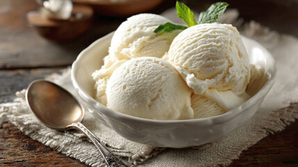 Three generous scoops of creamy white vanilla ice cream, garnished with fresh mint leaves, in white bowl on linen cloth. Visual for classic desserts, sweet treats, and refreshing summer indulgence