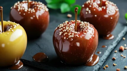 Caramel-coated apples with crushed nuts on black slate