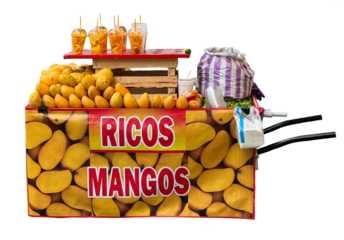 Colorful mango street vendor cart with fresh fruit and to-go cups, labeled “Ricos Mangos,” isolated on transparent background. Urban food culture. Typical Mexican fruit stall. PNG. Cut out