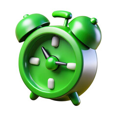 3d green alarm clock isolated on transparent background