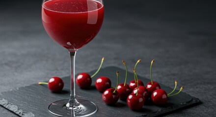Red juice in glass, cherries on slate